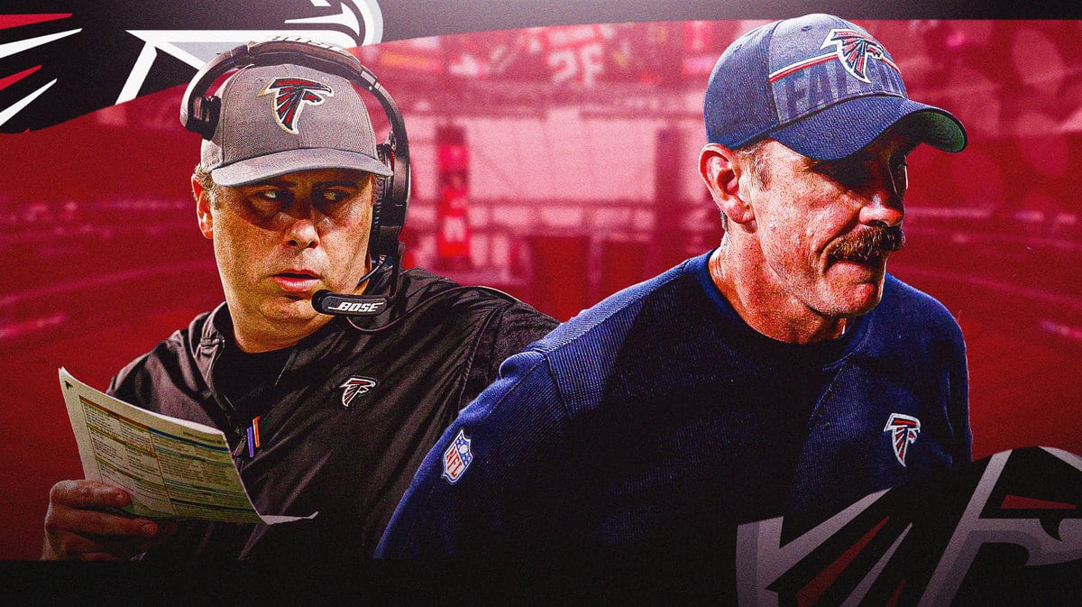Arthur Smith with Falcons defensive coordinator Ryan Nielsen next to him.