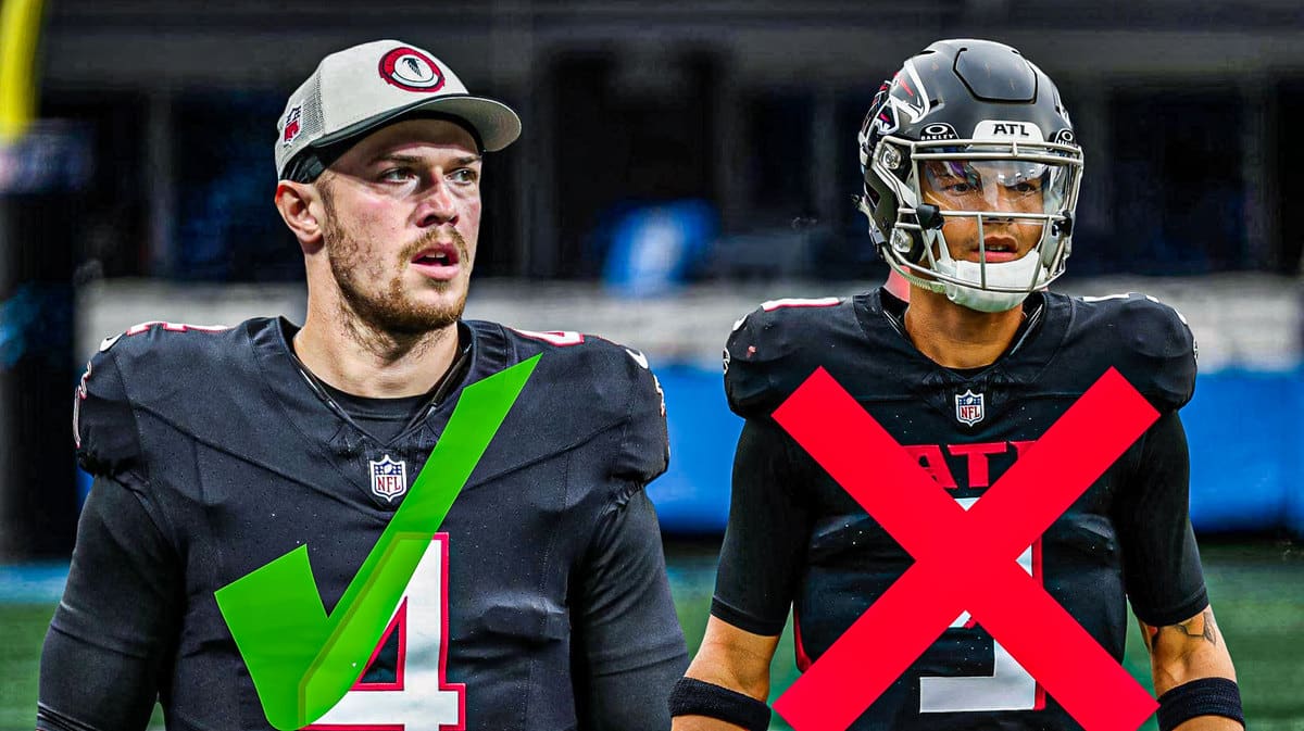 Taylor Heinicke with a green check mark on him, Desmond Ridder with a red X (both Falcons)