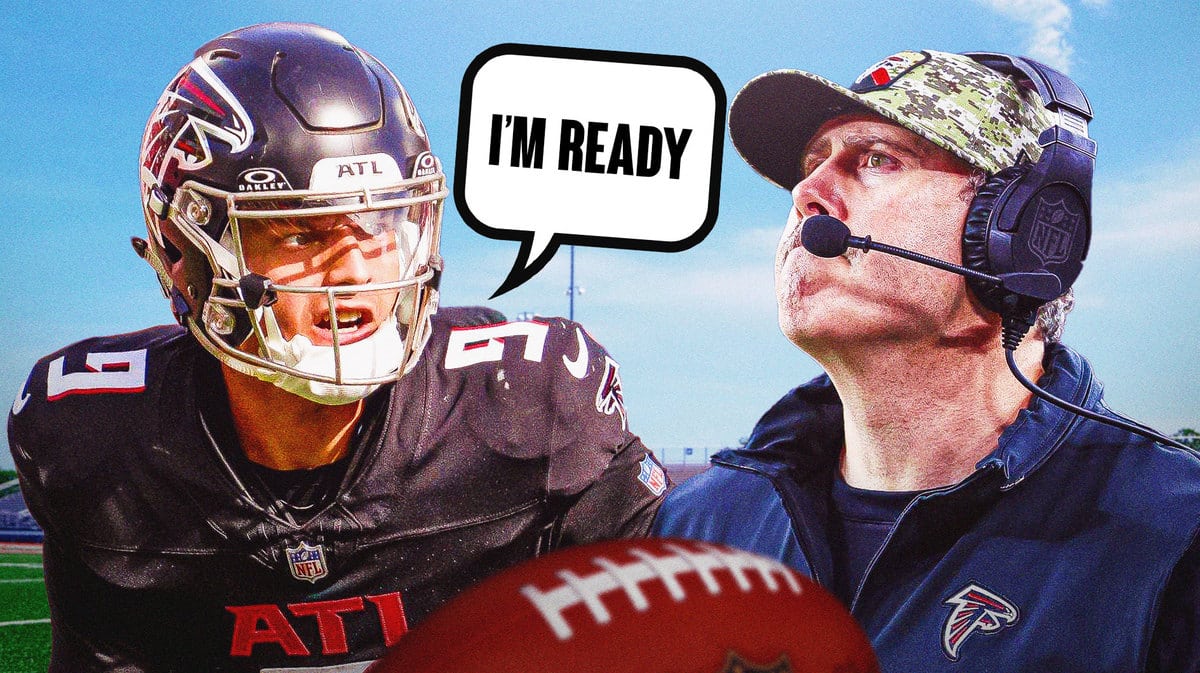 Thumb: Desmond Ridder looking serious, saying, “I’m ready.”. Falcons' Arthur Smith looking worried.