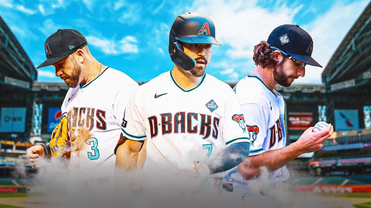 Diamondbacks' Corbin Carroll, Zac Gallen, and Evan Longoria all sad, with sad emojis all over them and Chase Field as background