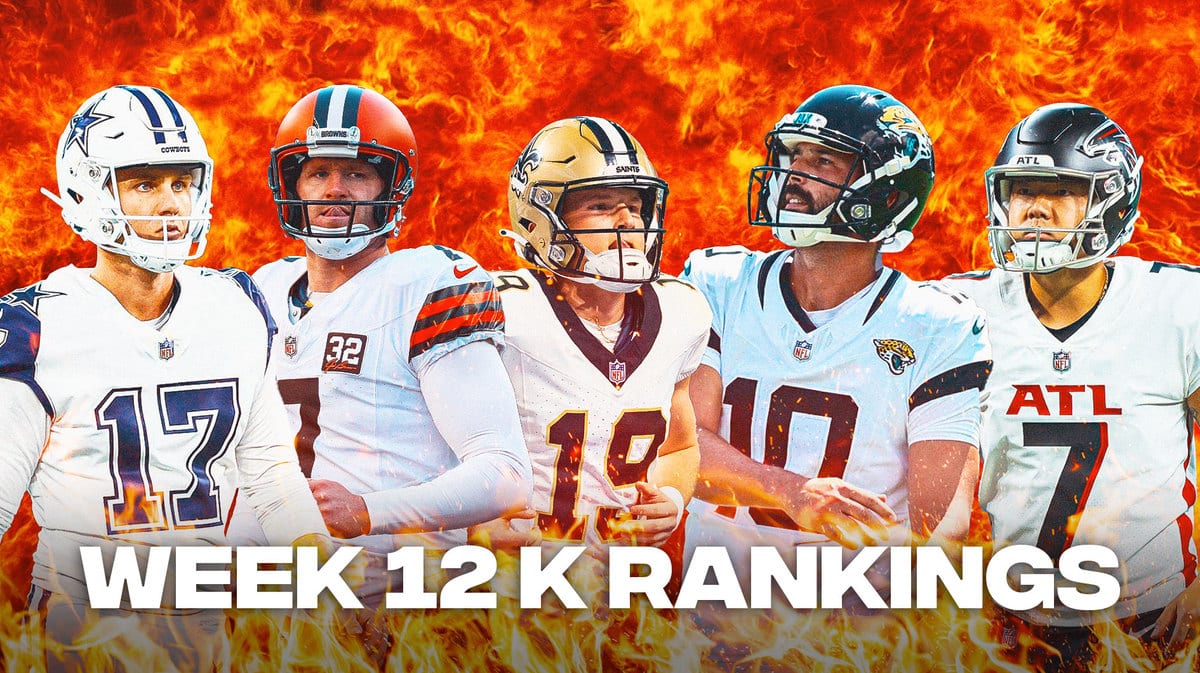 Fantasy football Kickers Brandon Aubrey, Dustin Hopkins, Blake Grupe, Brandon McManus, Younghoe Koo are all beside each other with flames in the background.