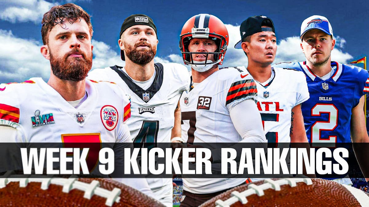 Fantasy football Kickers Harrison Butker, Jake Elliott, Dustin Hopkins, Younghoe Koo, Tyler Bass are all beside each other with lightning in the background.