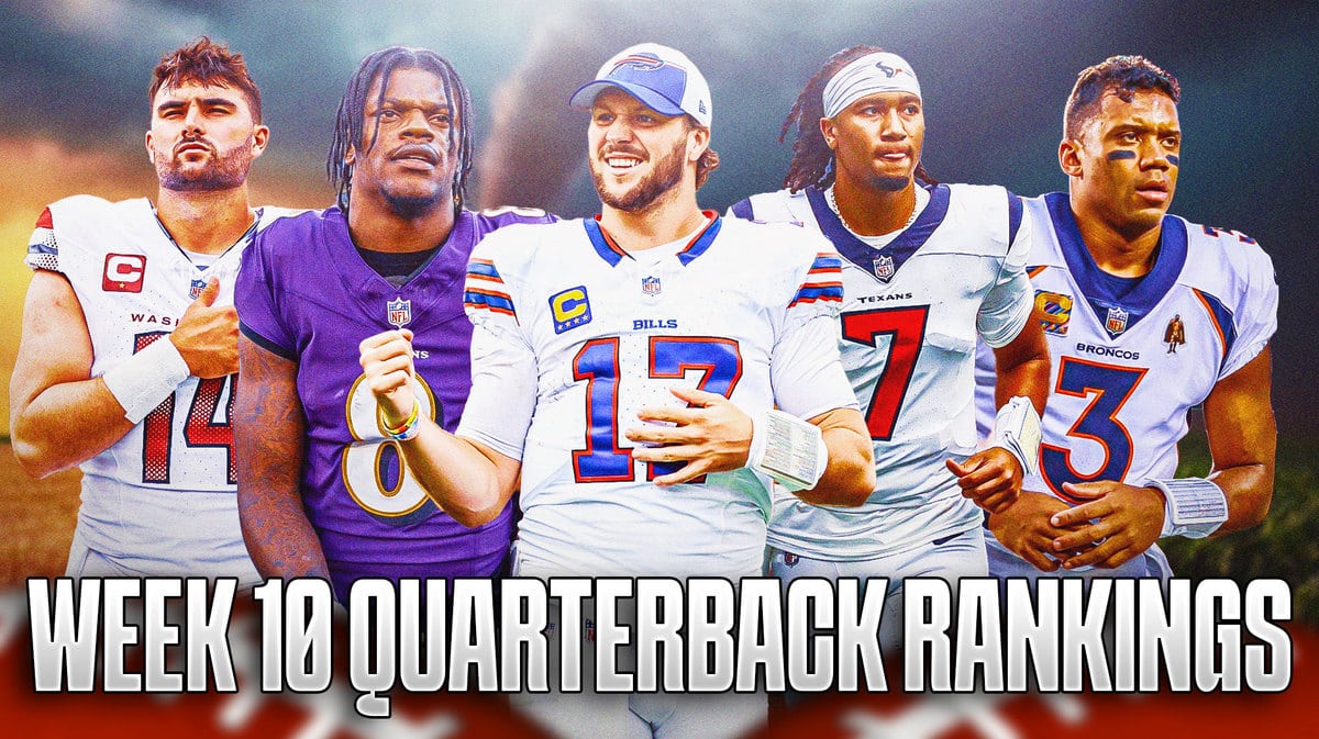 Fantasy football Quarterbacks Josh Allen, Lamar Jackson, CJ Stroud, Sam Howell, Russell Wilson are all beside each other with whirlwinds in the background.