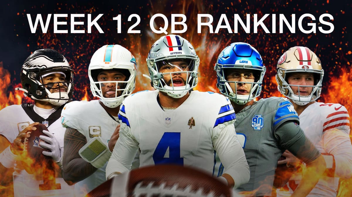 Fantasy football Quarterbacks Jalen Hurts, Dak Prescott, Tua Tagovailoa, Jared Goff, Brock Purdy are all beside each other with flames in the background.