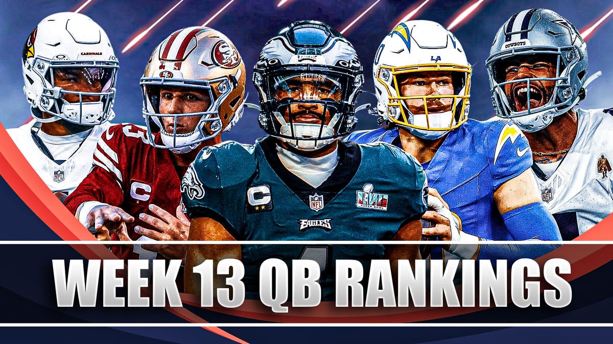 Fantasy football Quarterbacks Jalen Hurts, Dak Prescott, Kyler Murray, Brock Purdy, Justin Herbert are all beside each other with flames in the background.