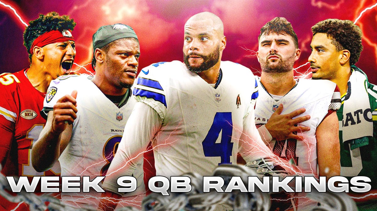 Fantasy football QBs Patrick Mahomes, Lamar Jackson, Dak Prescott, Sam Howell, Jordan Love are all beside each other with red lightning in the background.