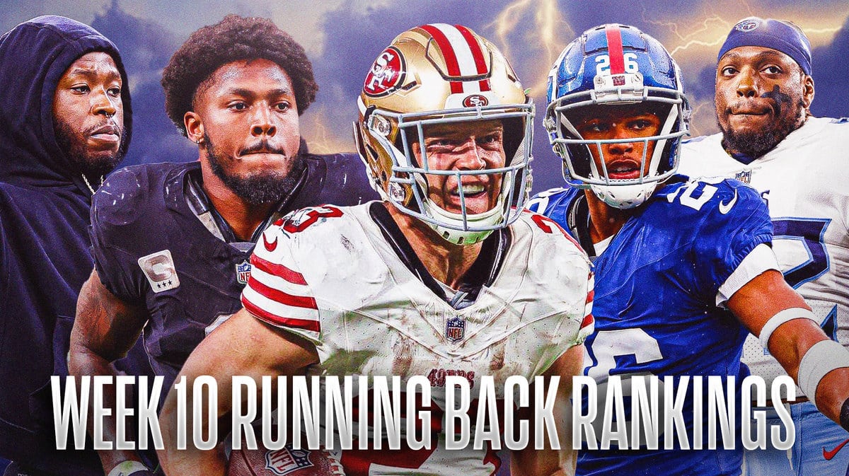 Fantasy football Running Backs Christian McCaffrey, Alvin Kamara, Josh Jacobs, Saquon Barkley, Derrick Henry are all beside each other with whirlwinds in the background.