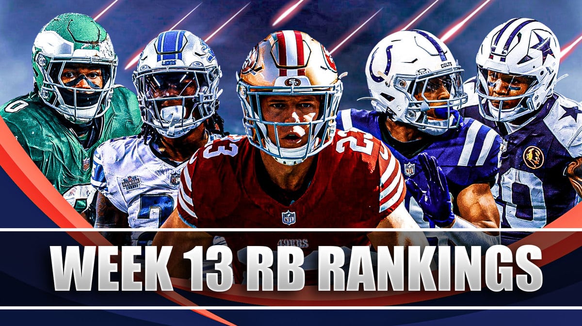 Fantasy football Running Backs Christian McCaffrey, Jonathan Taylor, Jahmyr Gibbs, Tony Pollard, D'Andre Swift are all beside each other with flames in the background.