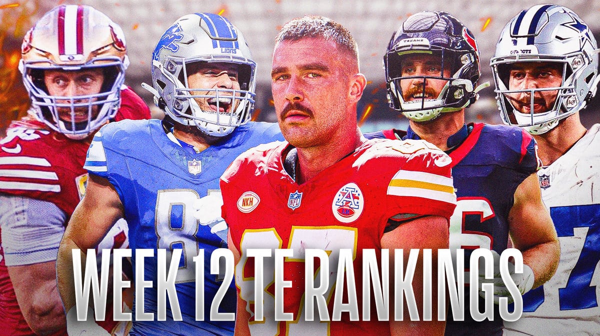 Fantasy football Tight Ends Travis Kelce, Sam LaPorta, Dalton Schultz, George Kittle, Jake Ferguson are all beside each other with flames in the background.