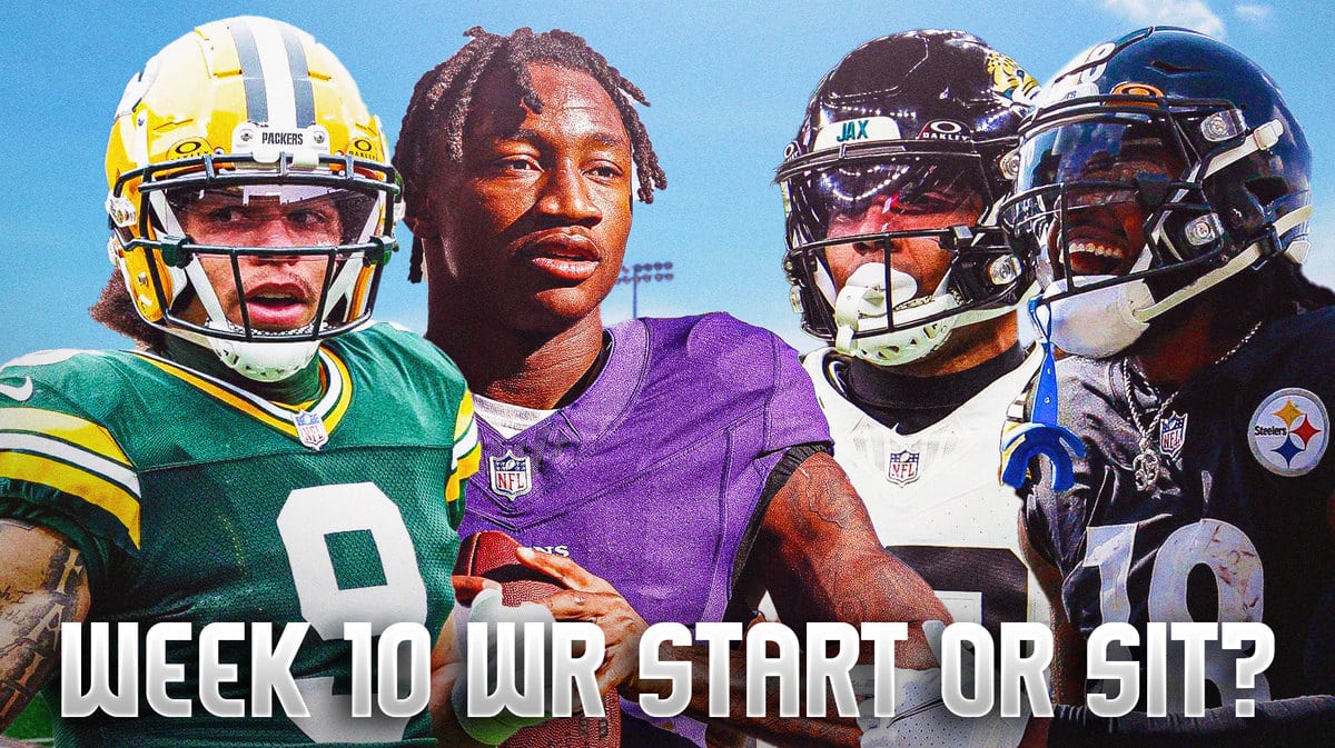 Here we have fantasy football Wide Receivers Diontae Johnson, Christian Kirk, Christian Watson, and Zay Flowers with the NFL wallpaper background.