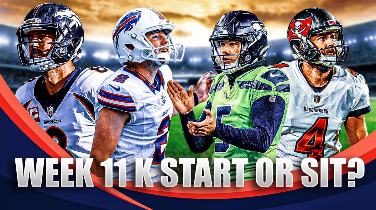 Here we have fantasy football Kickers Brandon McManus, Tyler Bass, Jason Myers, and Chase McLaughlin with the NFL wallpaper background.