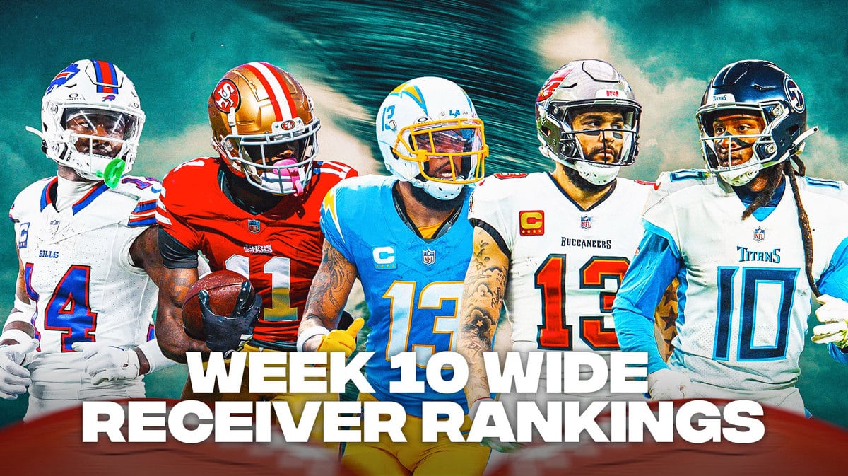 Fantasy football Wide Receivers Stefon Diggs, Keenan Allen, Mike Evans, Brandon Aiyuk, DeAndre Hopkins are all beside each other with whirlwinds in the background.