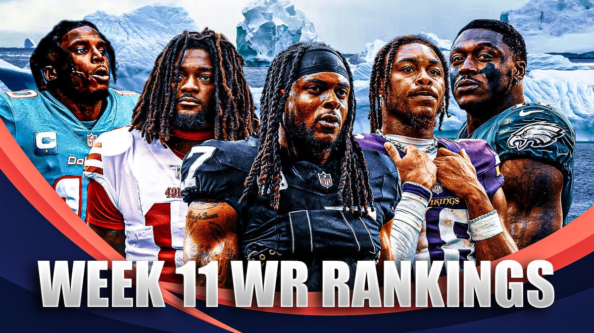 Fantasy football Wide Receivers Tyreek Hill, AJ Brown, Justin Jefferson, Brandon Aiyuk, Davante Adams are all beside each other with Icebergs in the background.