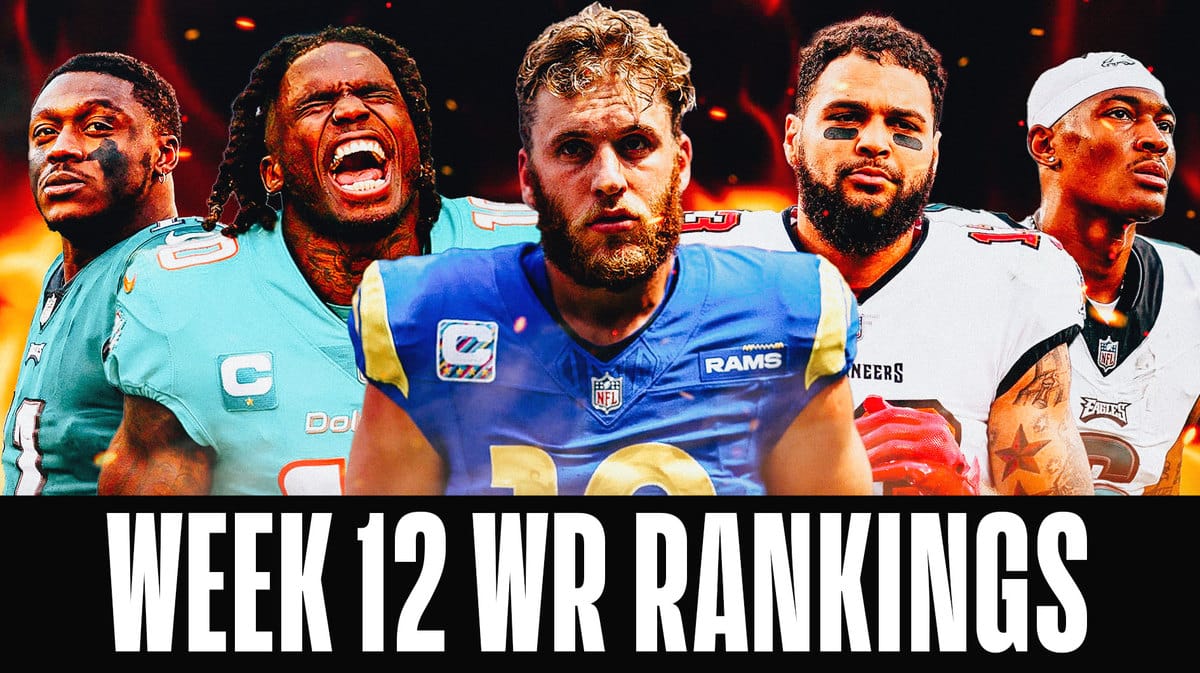 Fantasy football Wide Receivers AJ Brown, Tyreek HIll, Cooper Kupp, Mike Evans, DeVonta Smith are all beside each other with flames in the background.