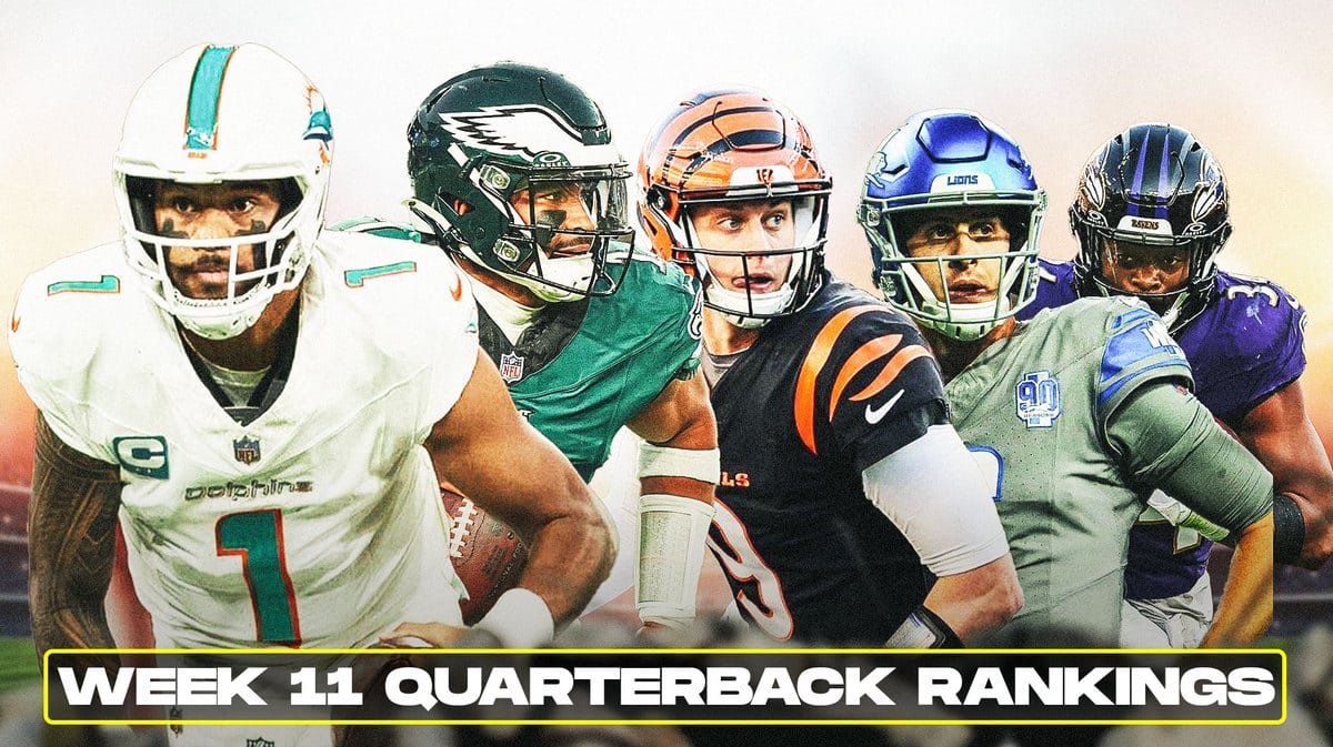 Fantasy football Quarterbacks Tua Tagovailoa, Jalen Hurts, Joe Burrow, Jared Goff, Josh Dobbs are all beside each other with Icebergs in the background.