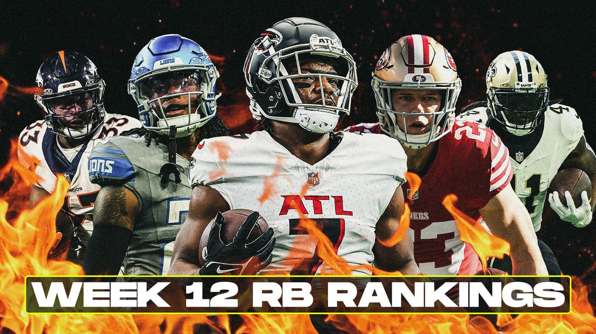 Fantasy football Running Backs Christian McCaffrey, Alvin Kamara, Jahmyr Gibbs, Javonte Williams, Bijan Robinson are all beside each other with flames in the background.