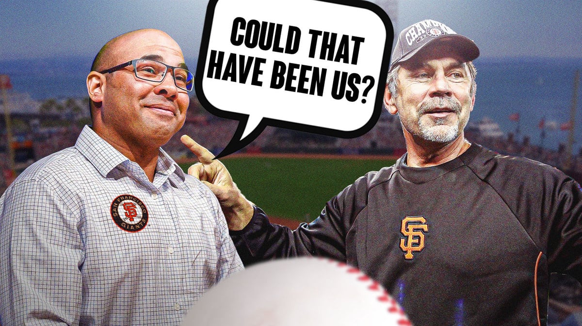 Farhan Zaidi. Bruce Bochy in a SF Giants uniform. Speech bubble for Farhan Zaidi that says: Could that have been us?