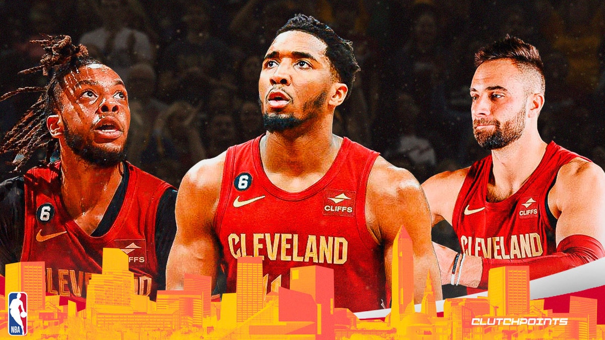 Cavs' Donovan Mitchell, Darius Garland and Max Strus above the Cleveland skyline