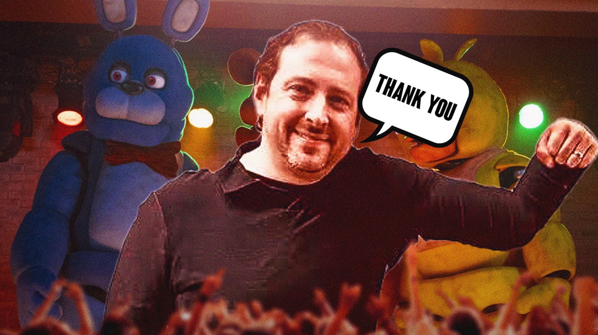 Scott Cawthon with Five Nights at Freddy's characters.