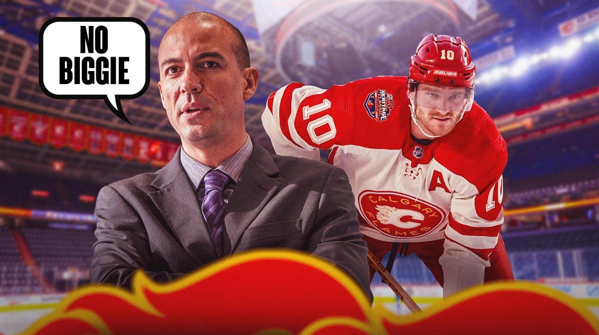 Ryan Huska coaching Flames saying “No biggie”, Jonathan Huberdeau beside him in action in Flames jersey