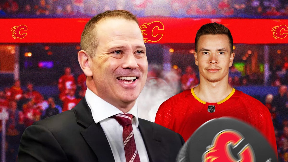 Calgary Flames general manager Craig Conroy and Flames forward Yegor Sharangovich at the Scotiabank Saddlesome after a shootout loss against the Maple Leafs