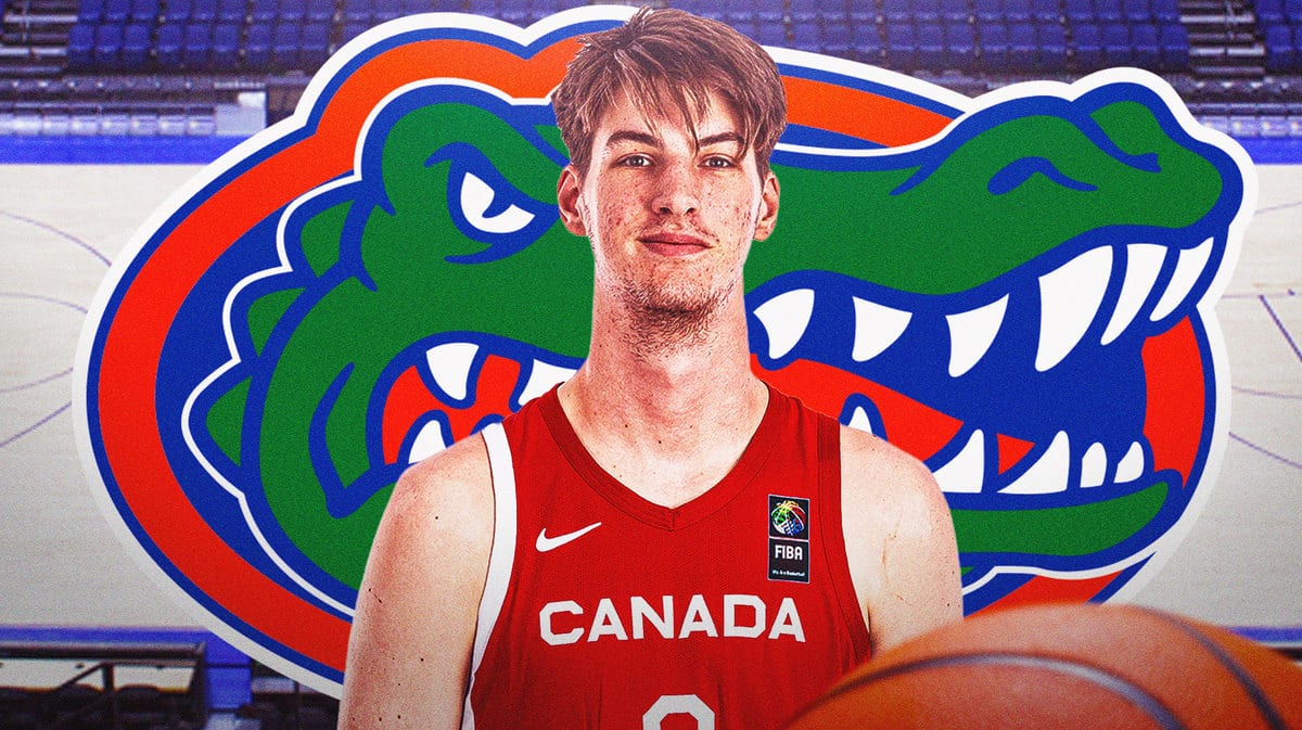 Florida basketball, Gators, Florida basketball recruiting, Olivier Roux, Olivier Roux height, Olivier Roux and Florida logo with Florida basketball arena in the background