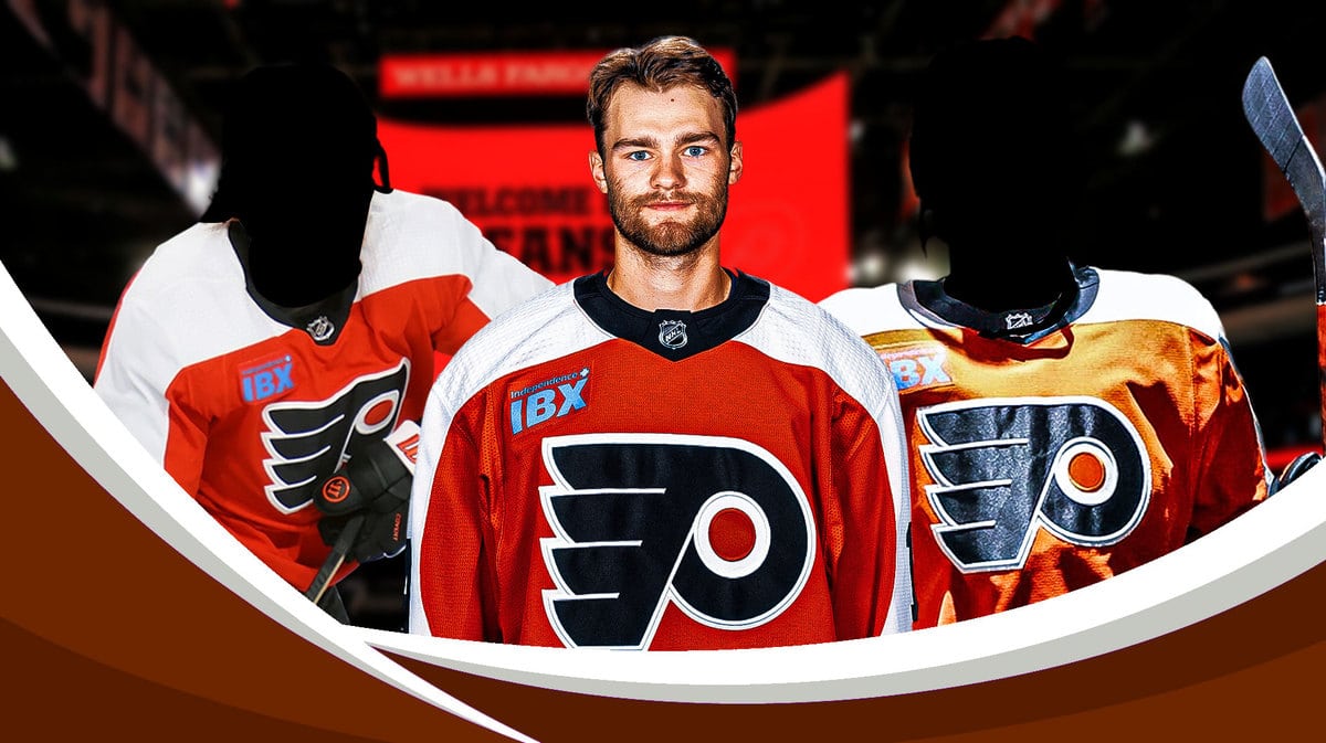 Philadelphia Flyers trade target Shane Wright wearing a Philadelphia jersey with two other players at the Wells Fargo Center on November 27, 2023