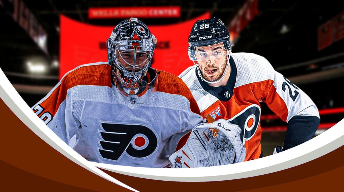 Philadelphia Flyers trade candidates Carter Hart and Sean Walker at the Wells Fargo Center on November 27, 2023