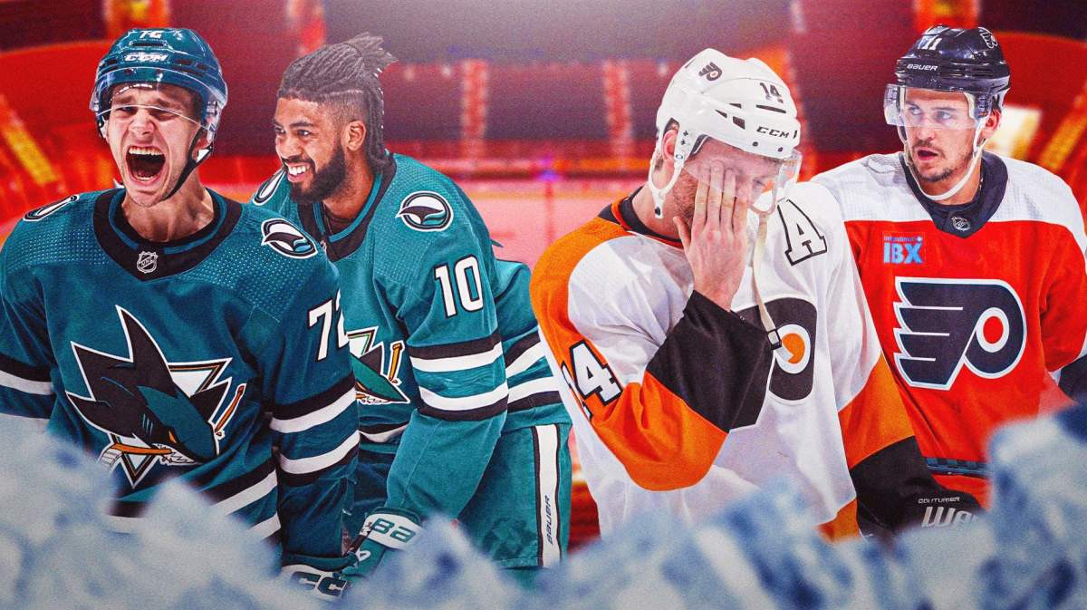 Flyers' Sean Couturier and Travis Konecny looking sad, with Sharks' Anthony Duclair and William Eklund celebrating