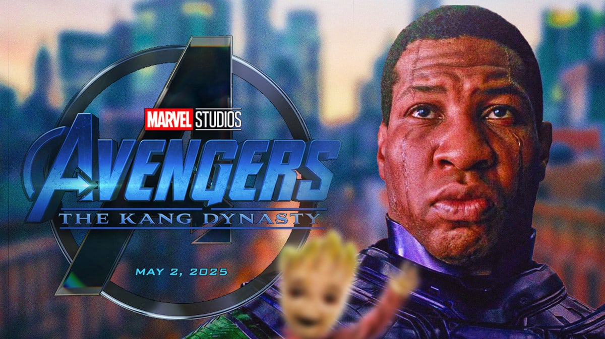 MCU Avengers: The Kang Dynasty logo next to Jonathan Majors.