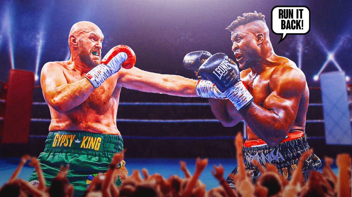 Francis Ngannou in the ring with Tyson Fury, have Ngannou saying “Run it back!”