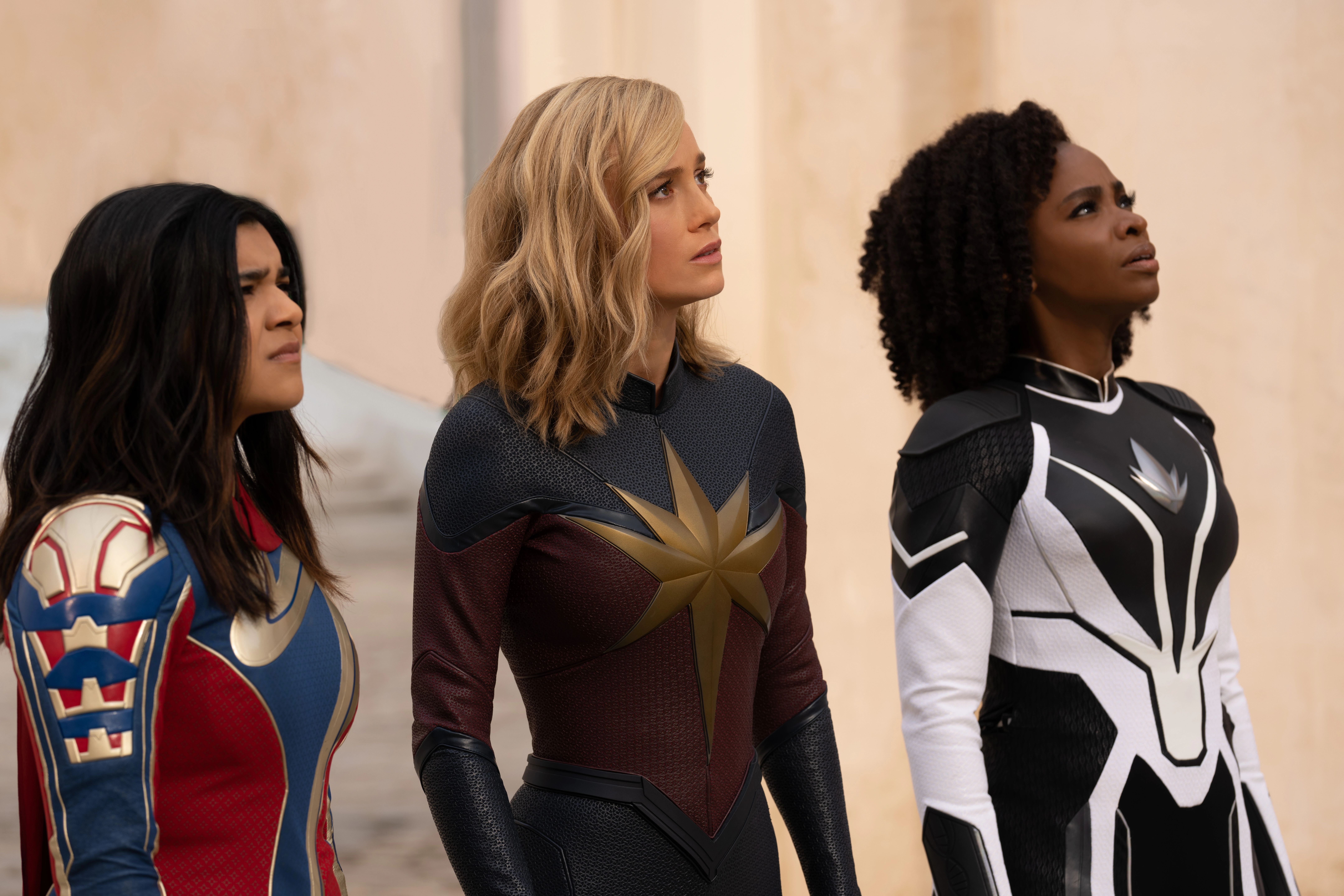 Iman Vellani, Brie Larson, and Teyonah Parris in The Marvels.