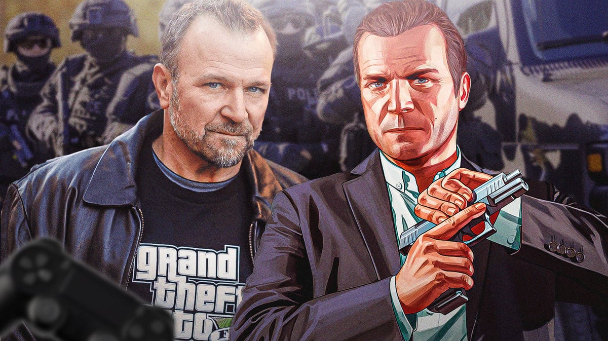 GTA 5 Actor Ned Luke with his Michael character and a swat team in the background