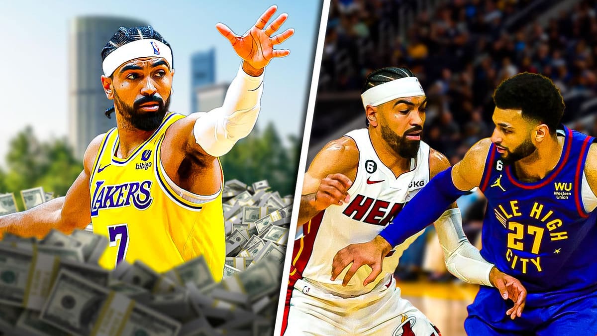 Lakers' Gabe Vincent swimming in a pool of cash, with Heat Gabe Vincent defending Nuggets' Jamal Murray in the 2020 NBA Finals on the right