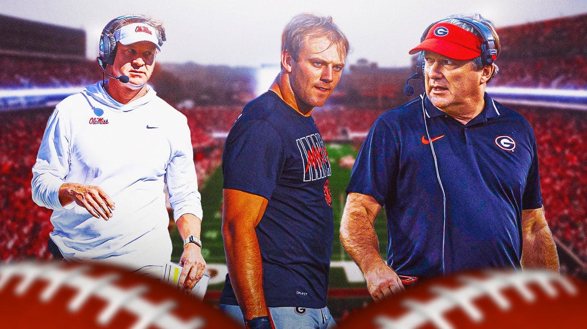 Georgia football TE Brock Bowers looking at HC Kirby Smart and Ole Miss HC Lane Kiffin looking worried.