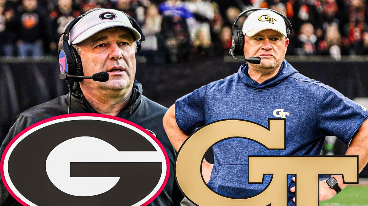 Kirby Smart with Georgia logo, Brent Key with Georgia Tech logo
