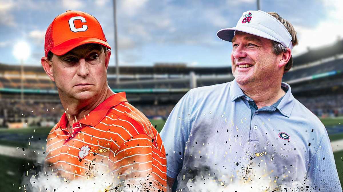 Georgia coach Kirby Smart on the right laughing while Clemson coach Dabo Swinney is on the left looking angry.