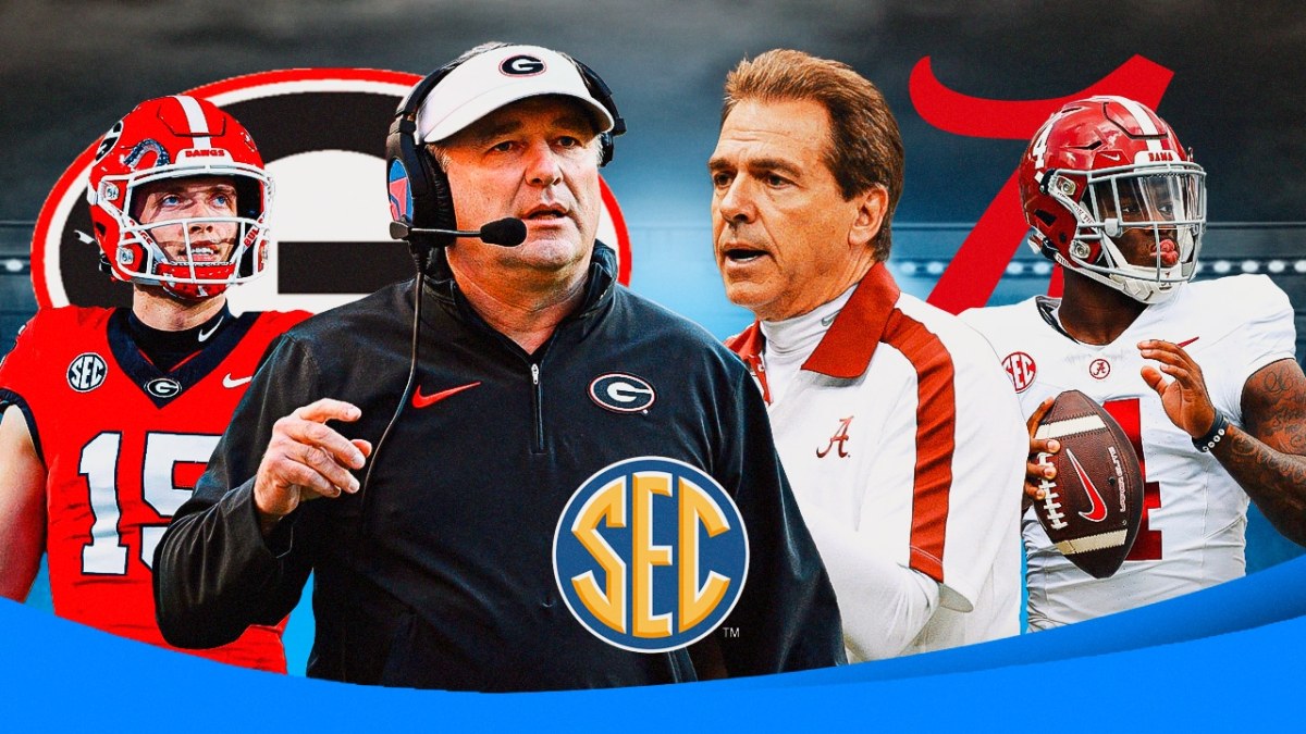Kirby Smart, Carson Beck, Georgia logo vs, Nick Saban, Jalen Milroe, Alabama logo. SEC Championship logo in the middle.
