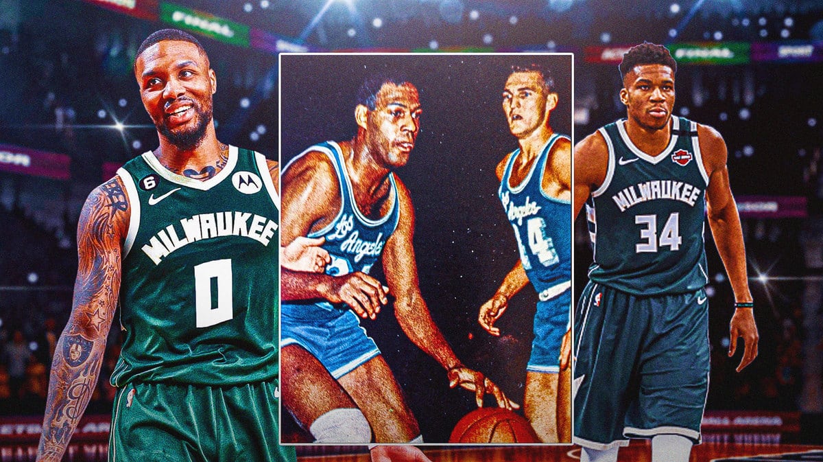 Bucks teammates Giannis Antetokounmpo and Damian Lillard, with Lakers legends Jerry West and Elgin Baylor