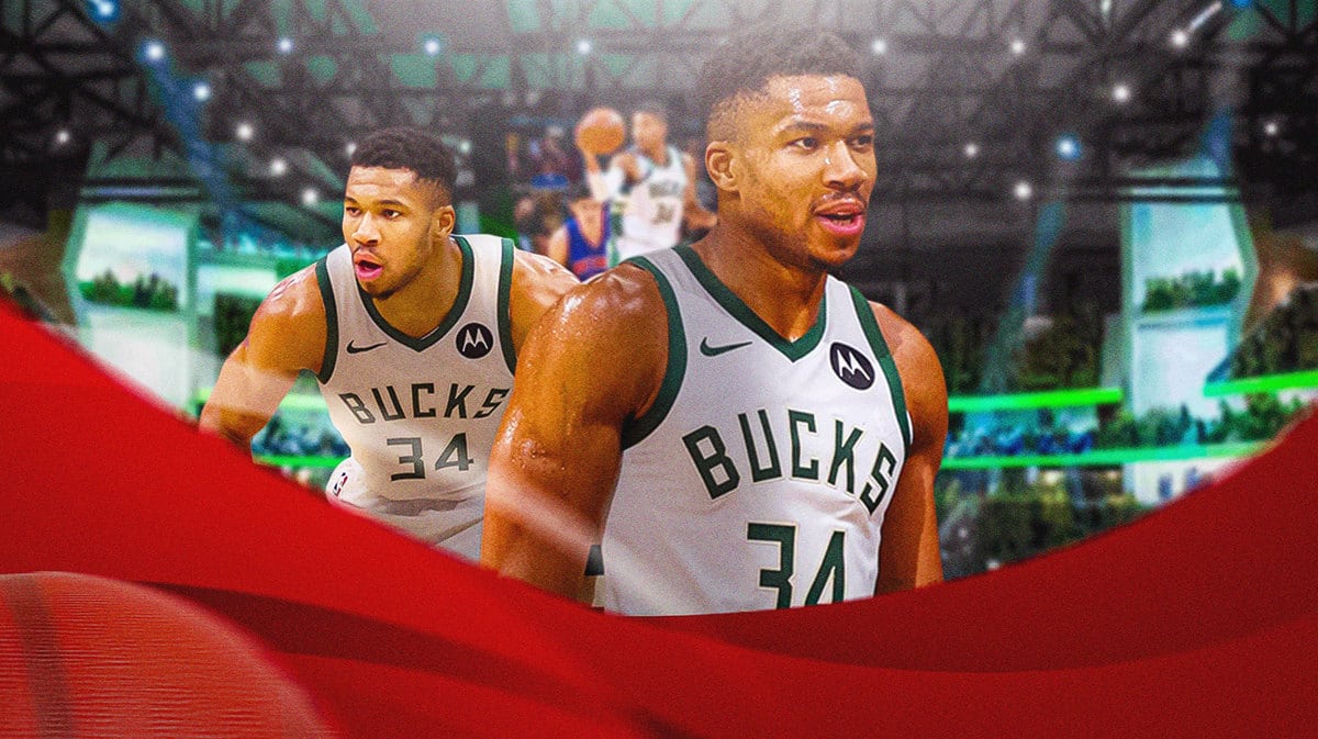 Milwaukee Bucks star Giannis Antetokounmpo in front of the Fiserv Forum.