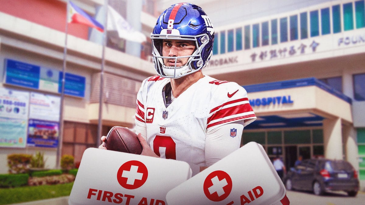 Daniel Jones in a hospital in Giants jersey