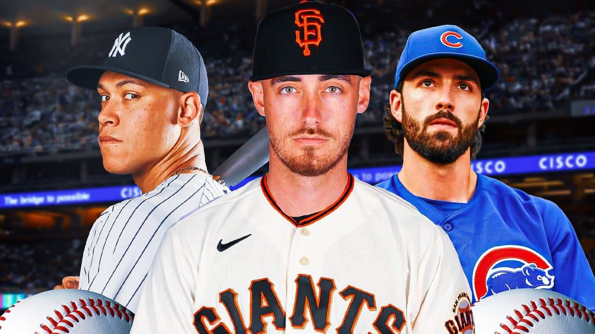 Cody Bellinger in a Giants' uniform. Yankees' Aaron Judge, Cubs' Dansby Swanson in background looking serious.