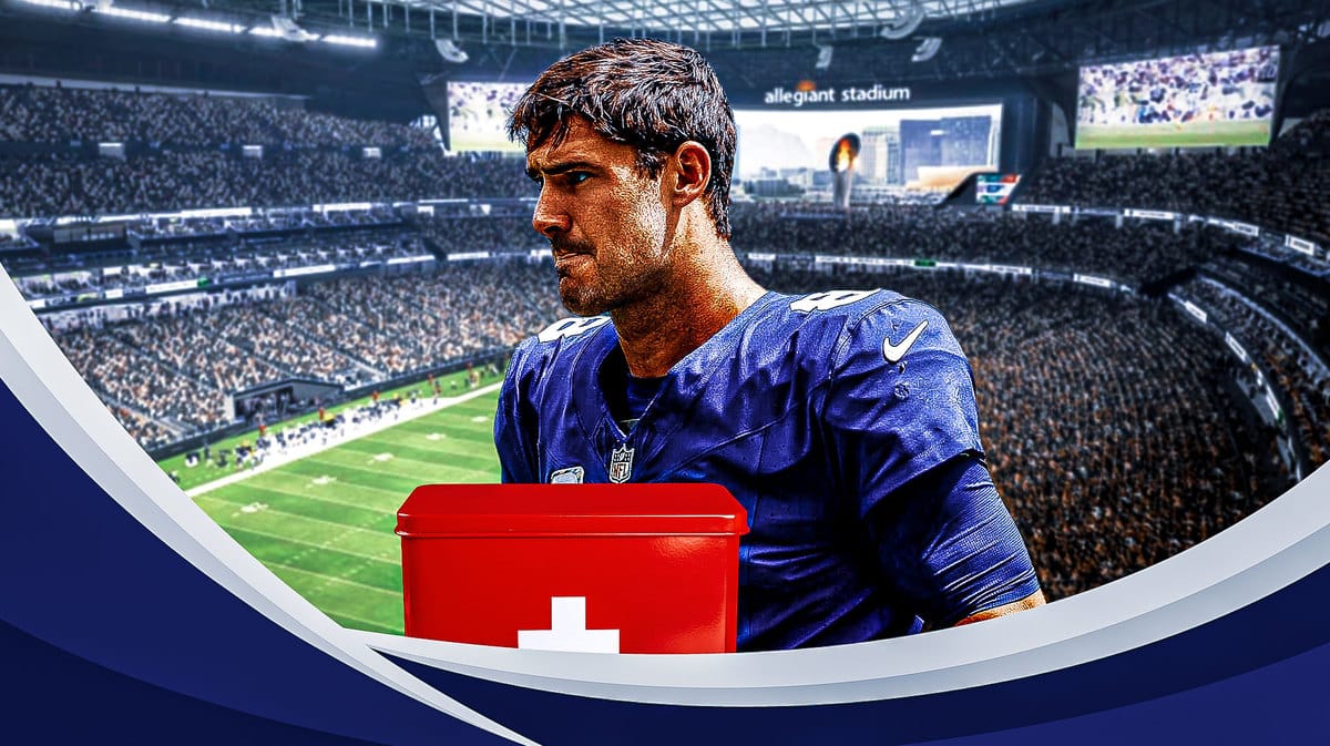 Daniel Jones with a first aid kit. Allegiant Stadium in the background.