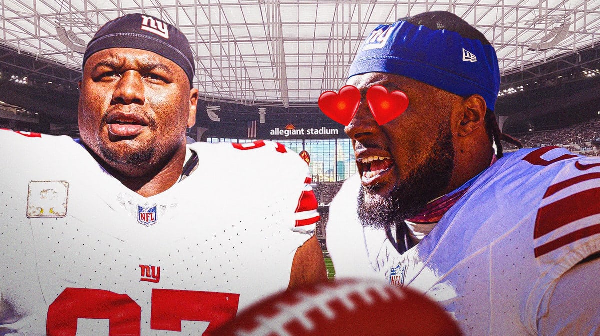 Kayvon Thibodeaux with heart eyes looking at Dexter Lawrence