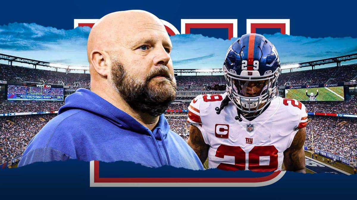 Photo: Xavier McKinney in Giants uniform and Brian Daboll in Giants gear, both mad
