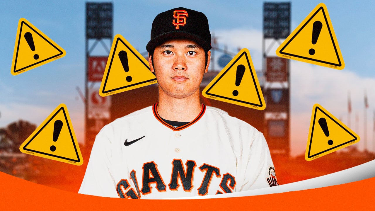 Shohei Ohtani in San Francisco Giants uniform and several exclamation point symbols with yellow background surrounding him.