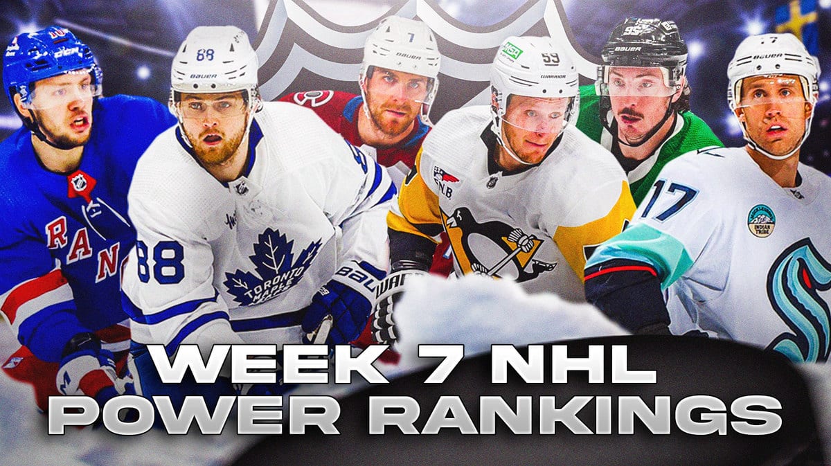 Artemi Panarin, William Nylander, Devon Toews, Jake Guentzel, Matt Duchene and Jaden Schwartz all in image, text: Week 7 NHL Power Rankings, NHL logo, hockey rink in background