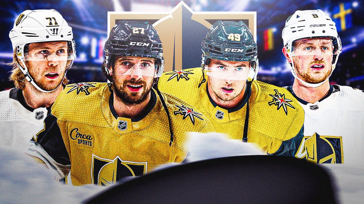 William Karlsson, Shea Theodore, Ivan Barbashev and Jack Eichel all in image, hockey rink in background, Vegas Golden Knights logo
