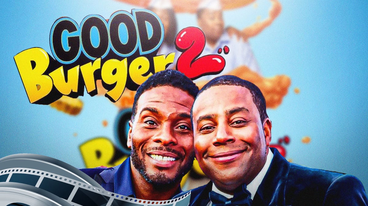 Kenan Thompson and Kel Mitchell with Good Burger 2 sign behind them.