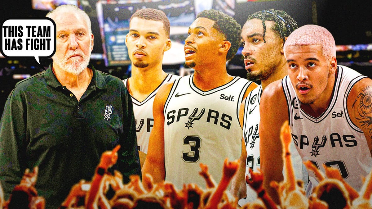 Spurs' Gregg Popovich next to Victor Wembanyama, Tre Jones, Keldon Johnson and Jeremy Sochan